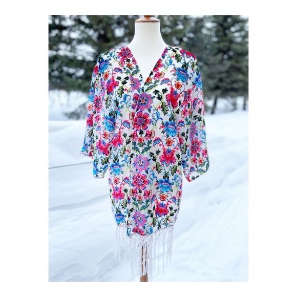 Japna Lounge Flocked Floral Duster Rainbow Sheer Burnout Fringe Kimono Sleeve S - Picture 2 of 10
